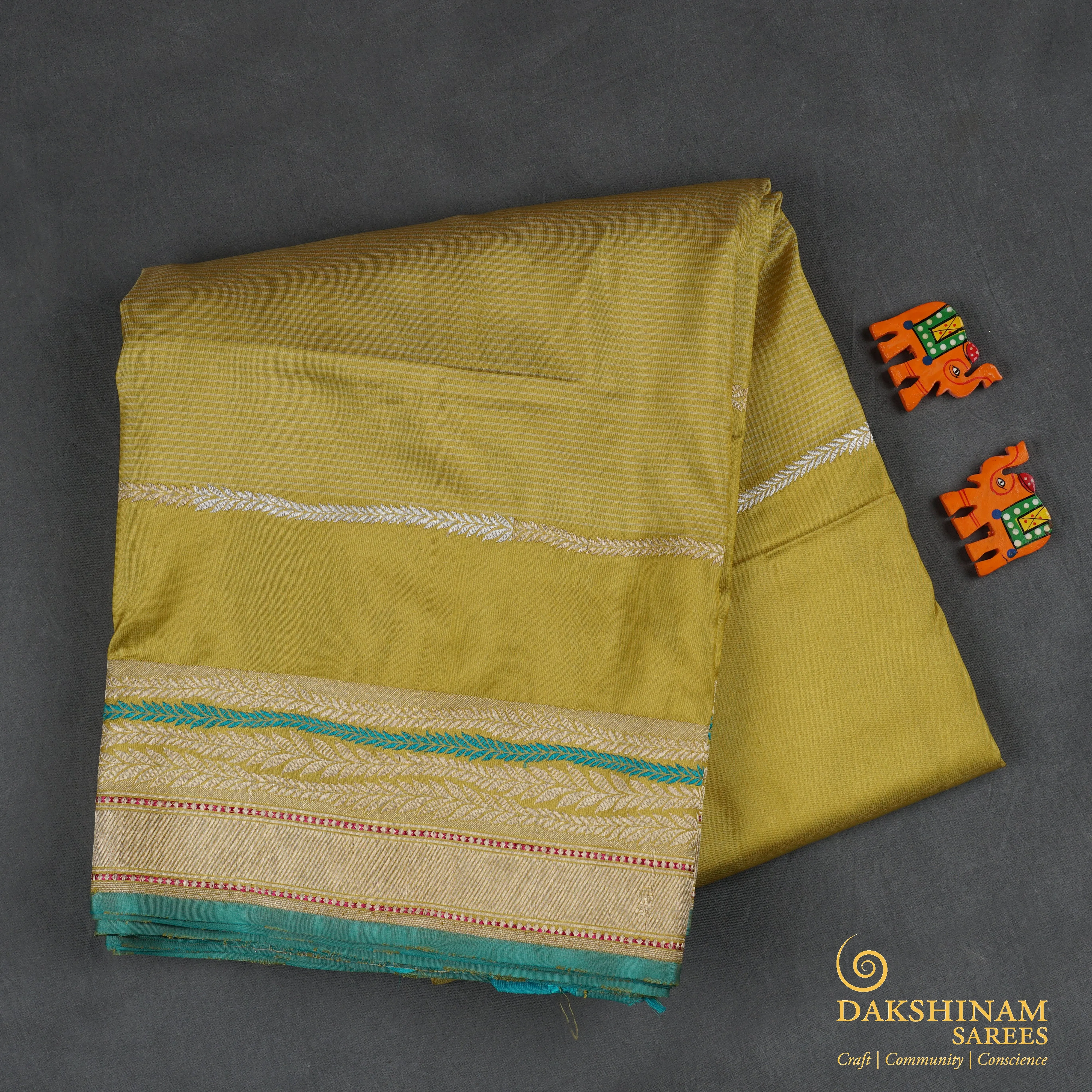 Handwoven Chatreuse with Blue Banarasi Silk Saree - 1670N021634DSC