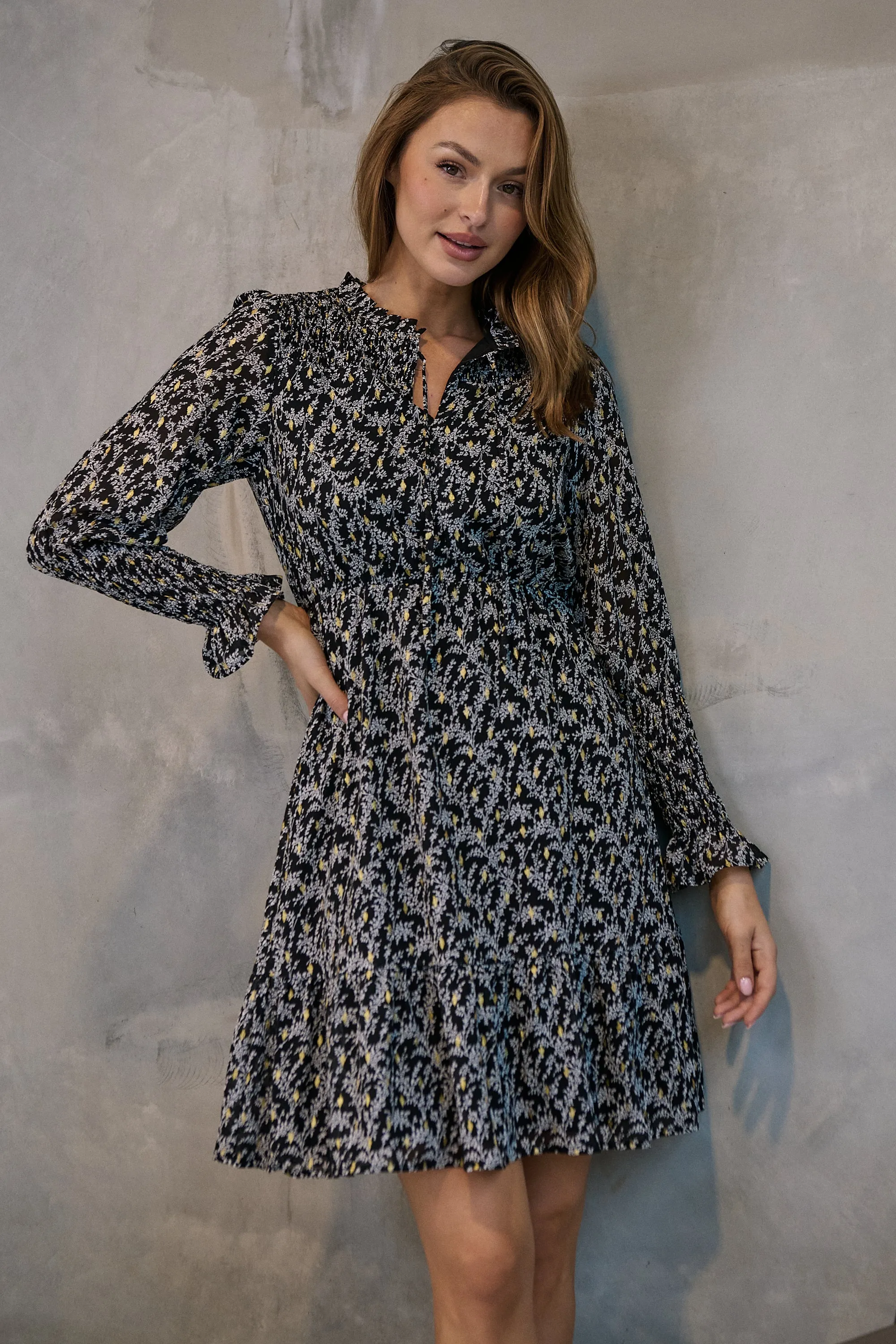 Hannah Black and Gold Print Chiffon Long Sleeve Dress