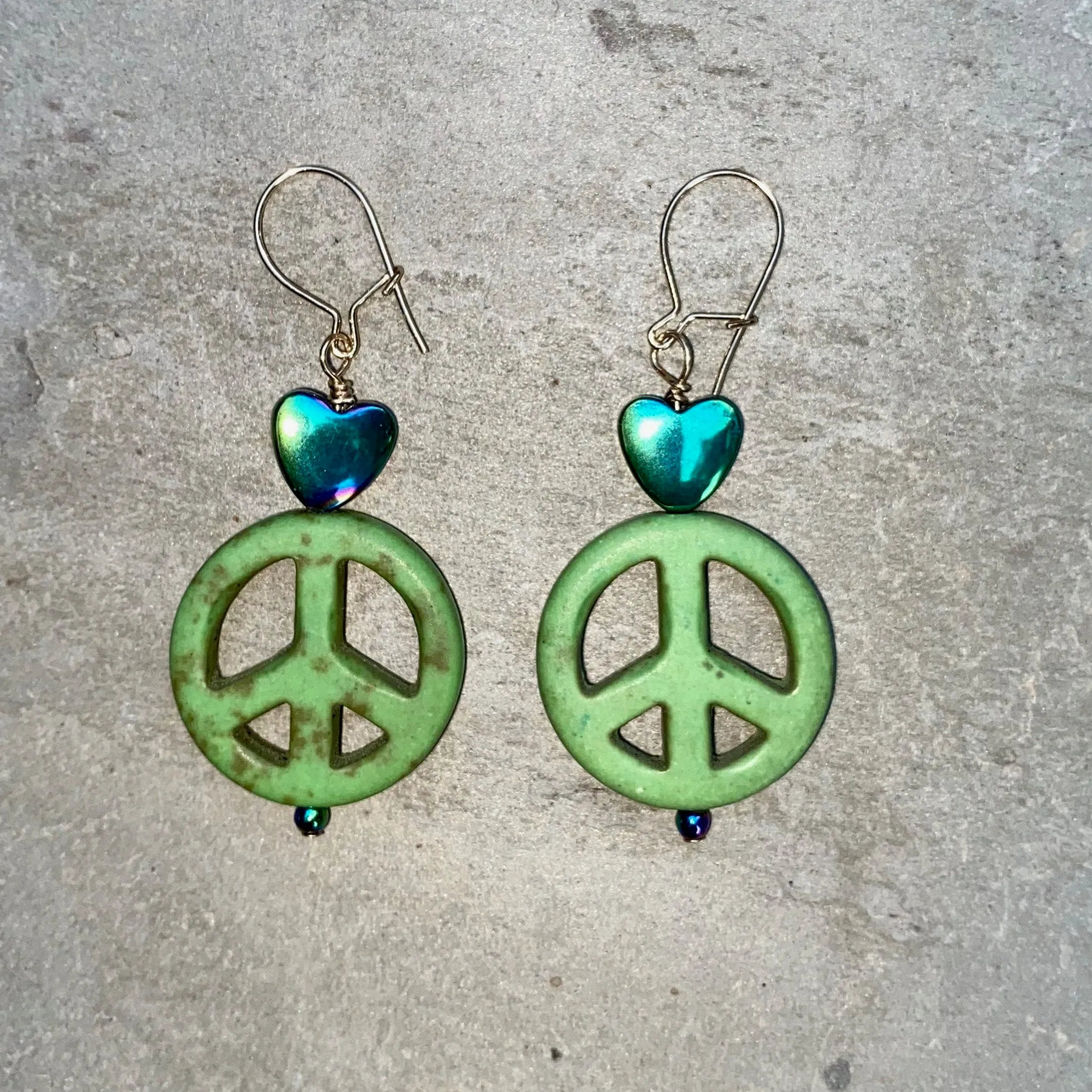 Howlite Peace Sign and Hematite gemstone Heart drop Earrings