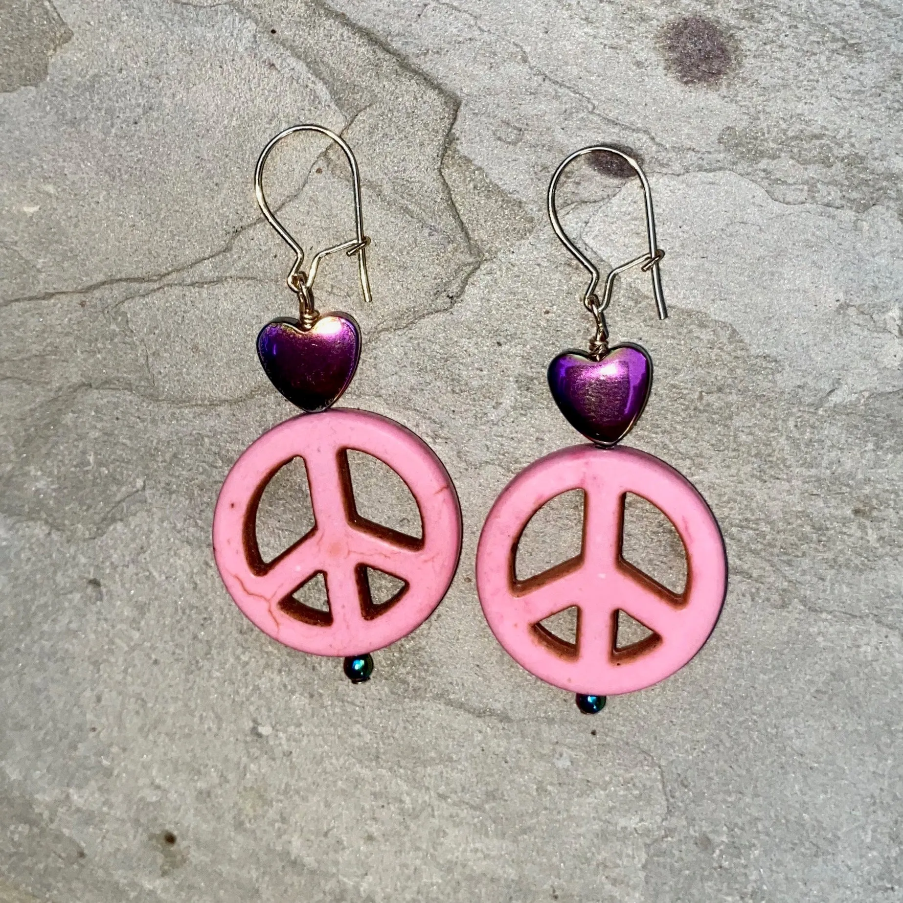 Howlite Peace Sign and Hematite gemstone Heart drop Earrings