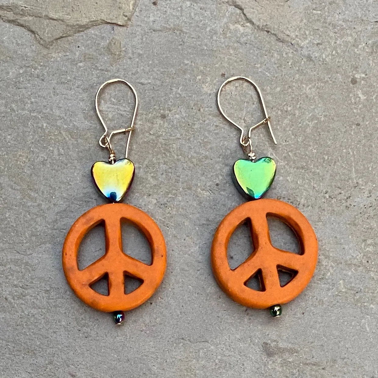 Howlite Peace Sign and Hematite gemstone Heart drop Earrings