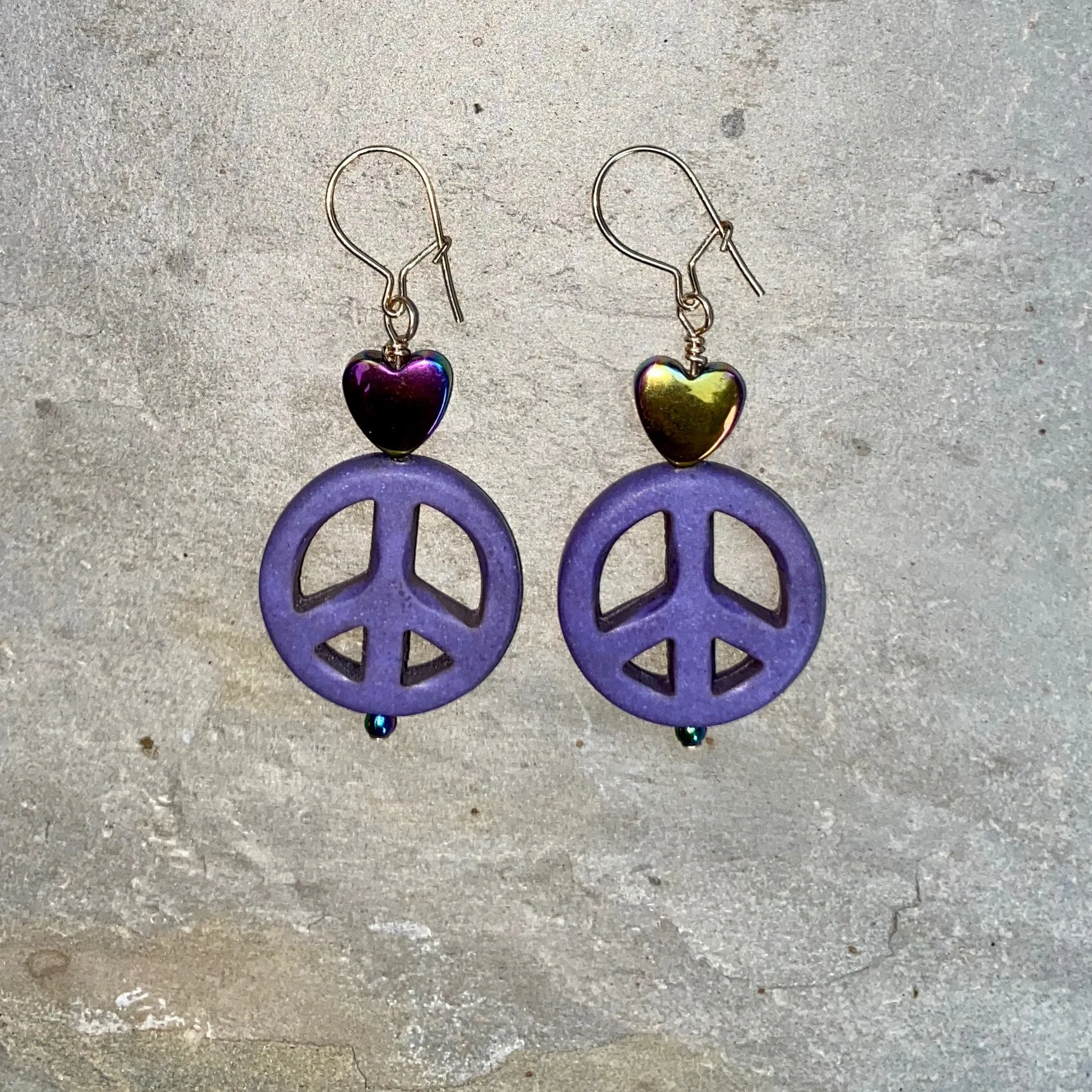 Howlite Peace Sign and Hematite gemstone Heart drop Earrings