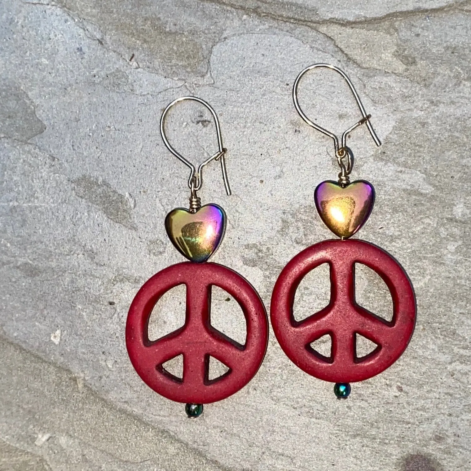 Howlite Peace Sign and Hematite gemstone Heart drop Earrings