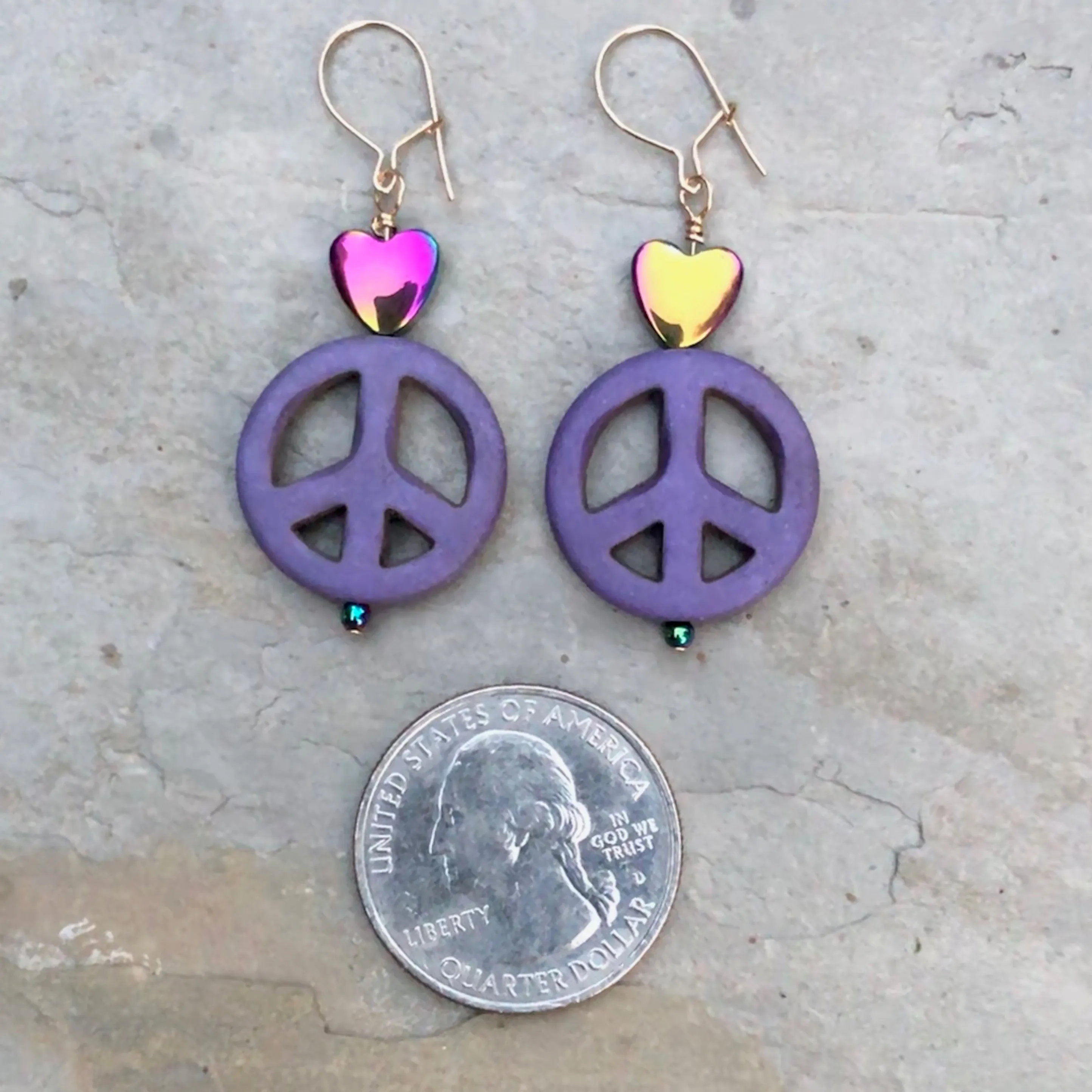 Howlite Peace Sign and Hematite gemstone Heart drop Earrings