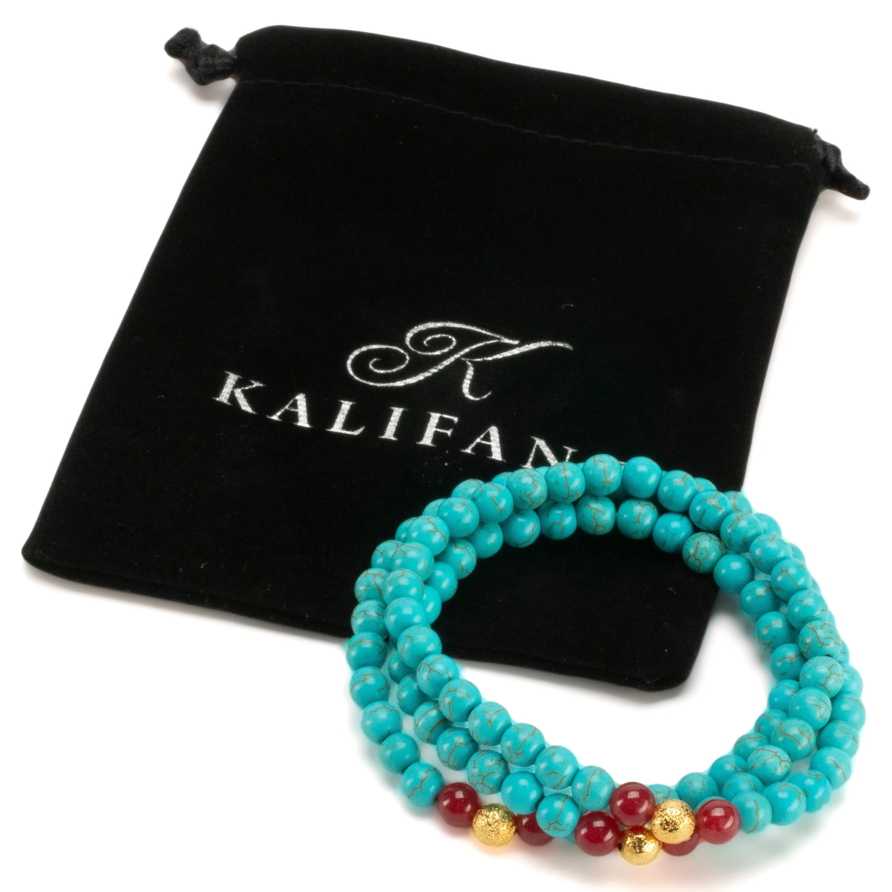 Howlite Turquoise 6mm Beads with Red Agate & Gold Sparkly Accent Beads Triple Wrap Gemstone Elastic Bracelet