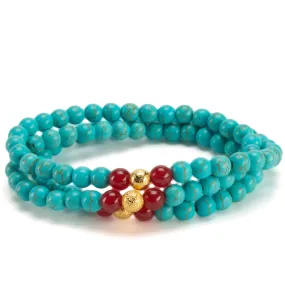 Howlite Turquoise 6mm Beads with Red Agate & Gold Sparkly Accent Beads Triple Wrap Gemstone Elastic Bracelet