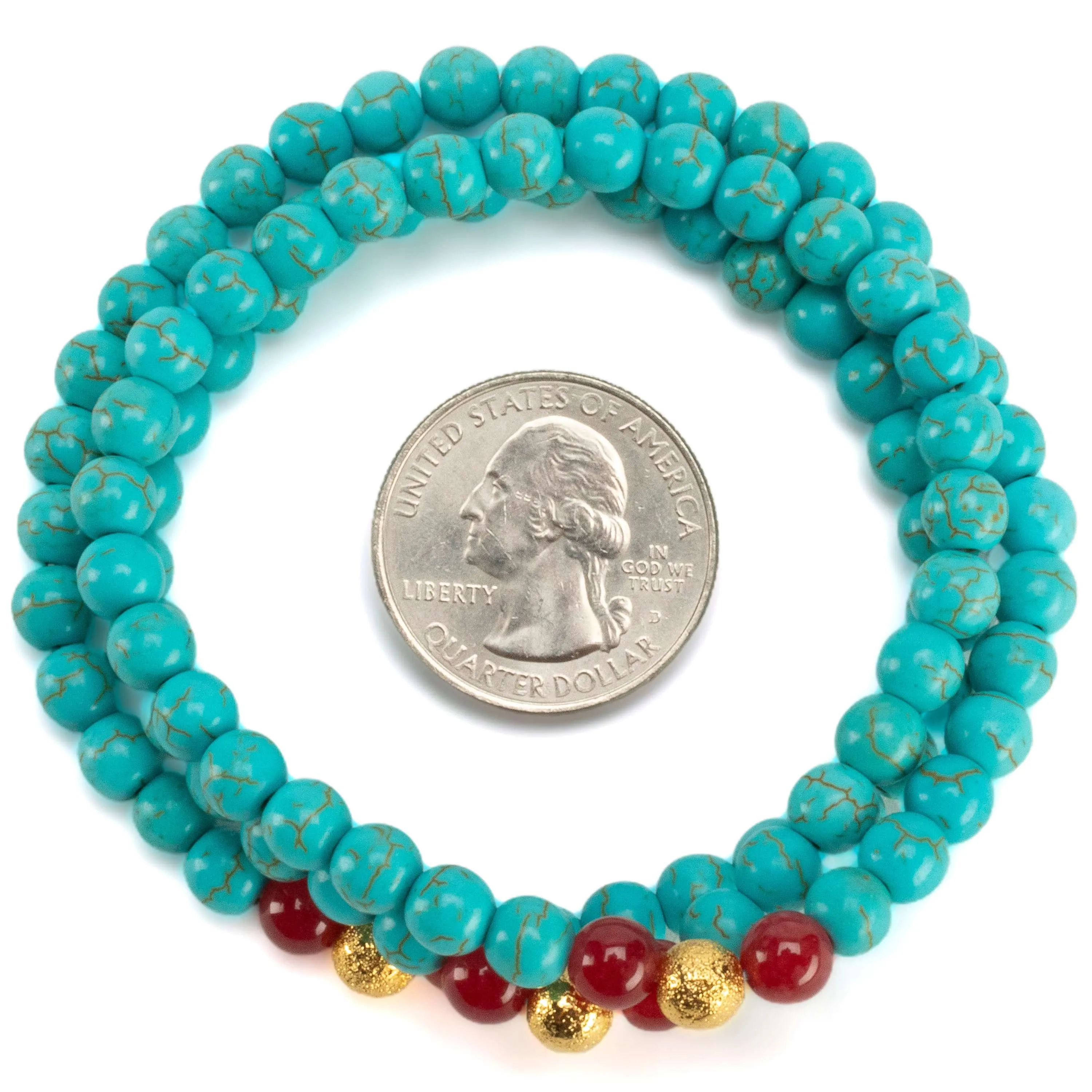 Howlite Turquoise 6mm Beads with Red Agate & Gold Sparkly Accent Beads Triple Wrap Gemstone Elastic Bracelet