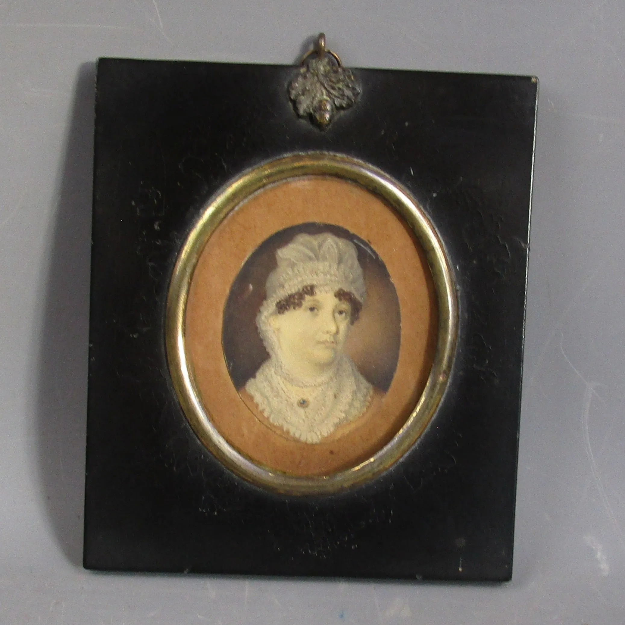 Miniature Watercolour Portrait Of Lady In Ebony & Acorn Finial Frame Antique Victorian c1860