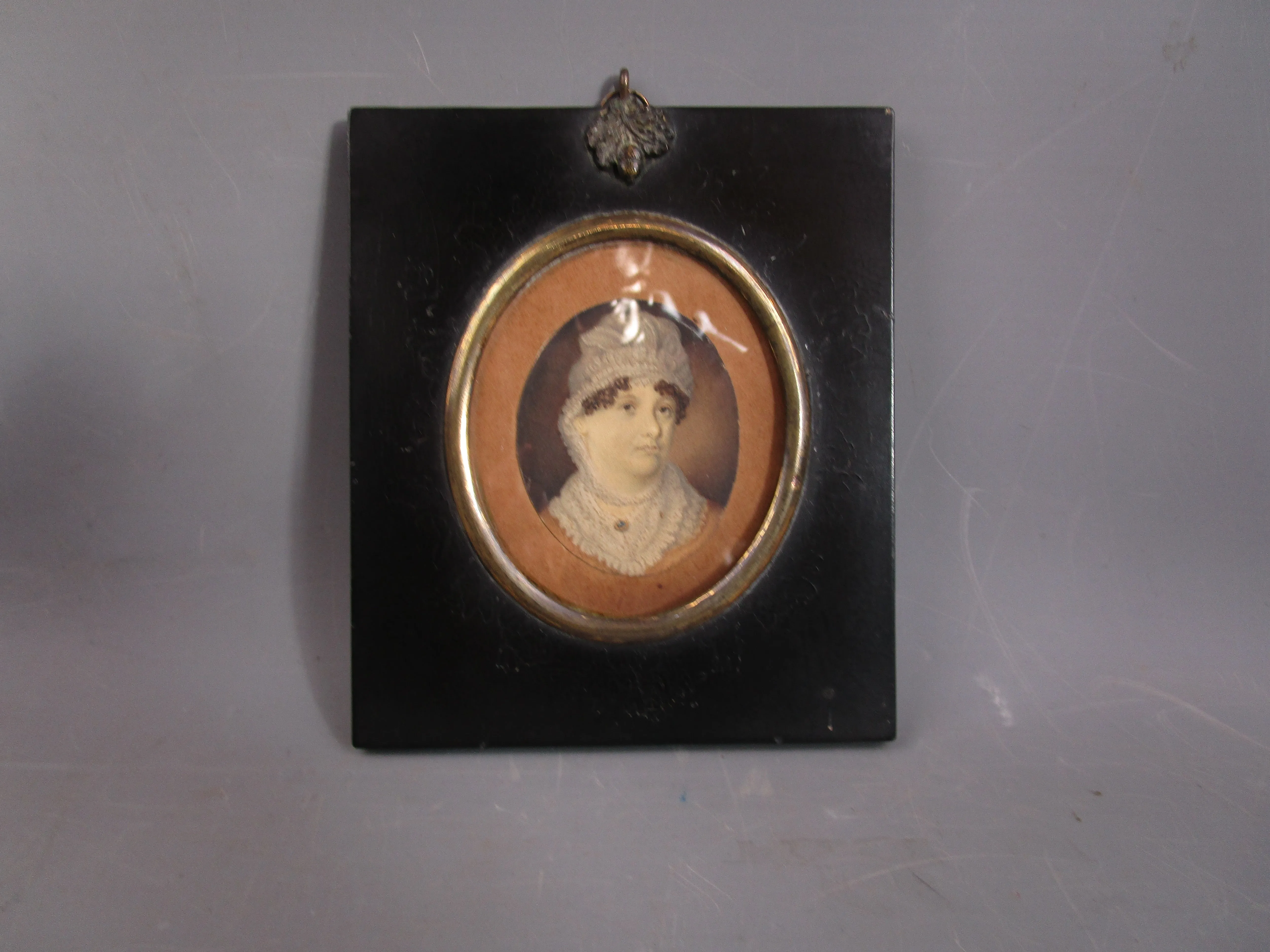 Miniature Watercolour Portrait Of Lady In Ebony & Acorn Finial Frame Antique Victorian c1860