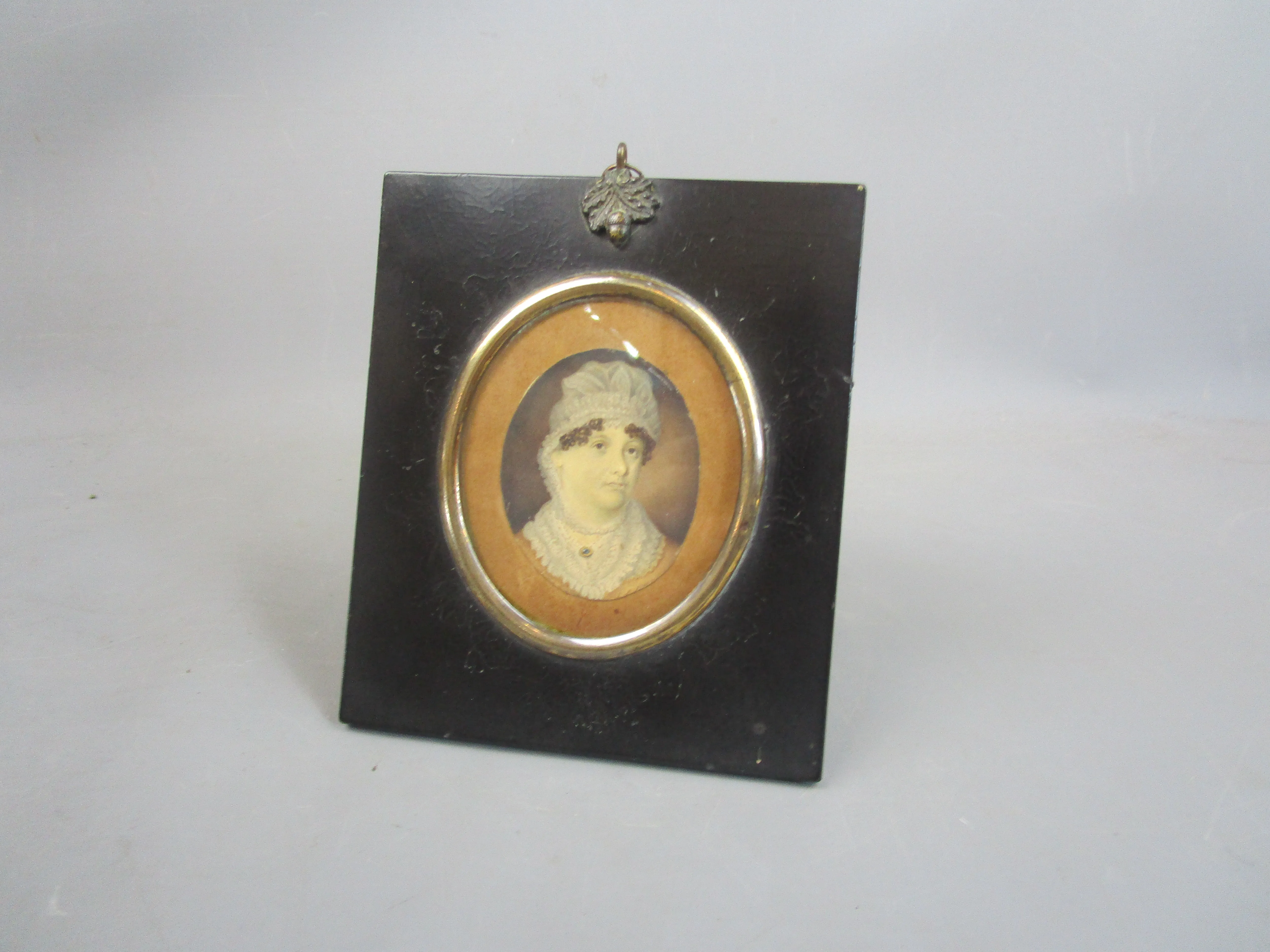 Miniature Watercolour Portrait Of Lady In Ebony & Acorn Finial Frame Antique Victorian c1860