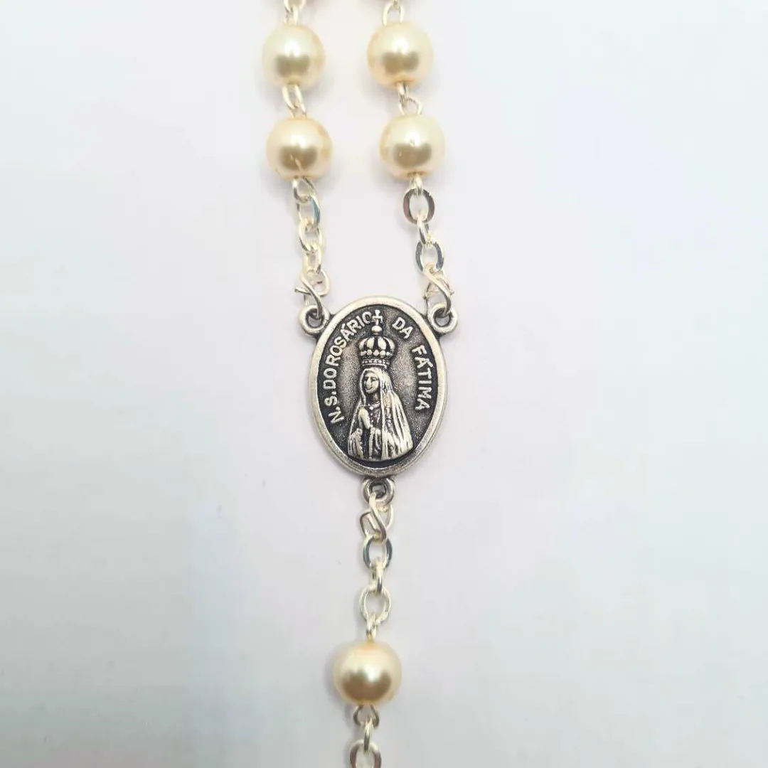 Pearl Rosary with Apparitions of Our Lady of Fatima Medals and Terra of Fatima