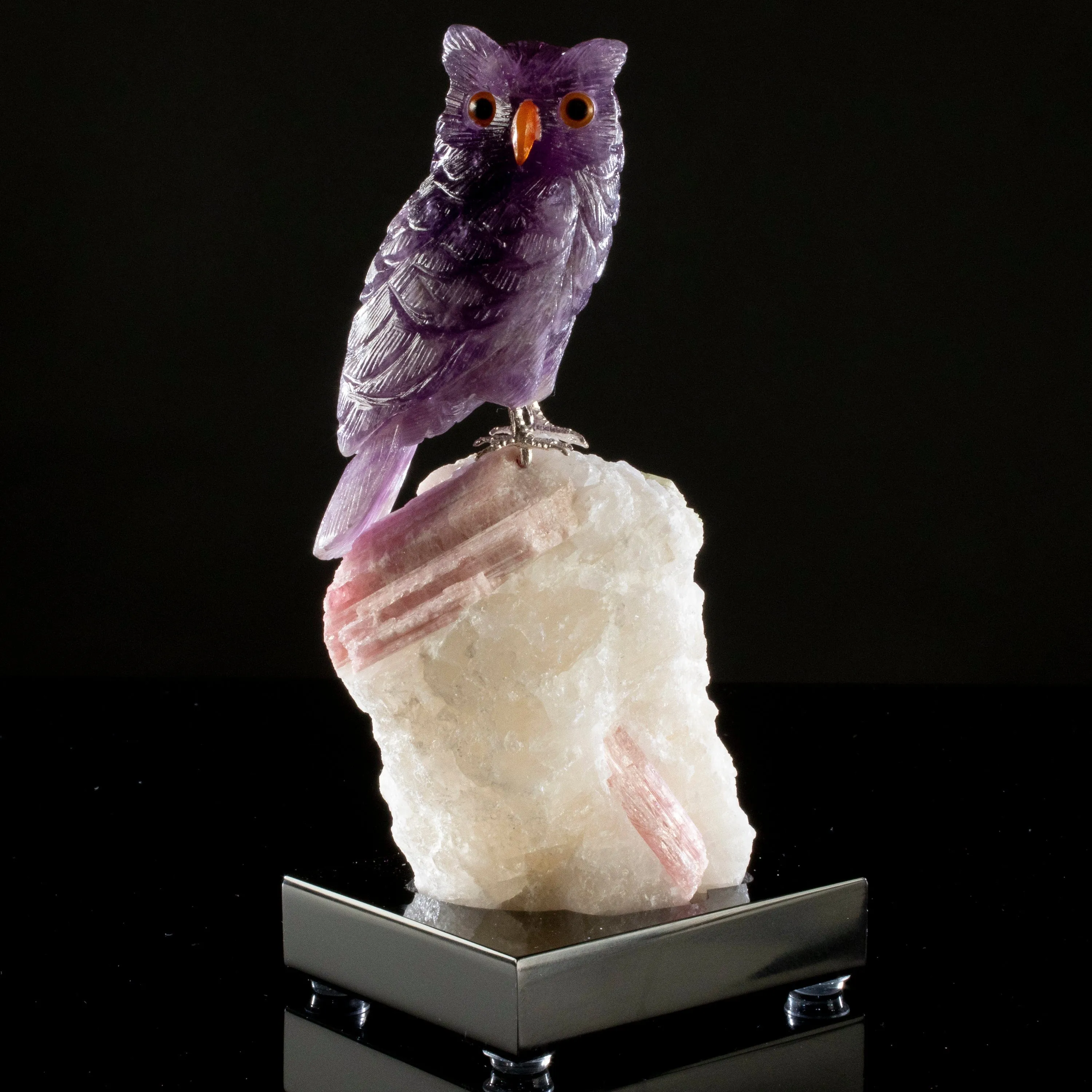 Peter Muller Amethyst Owl Love Bird Carving on Tourmaline Base