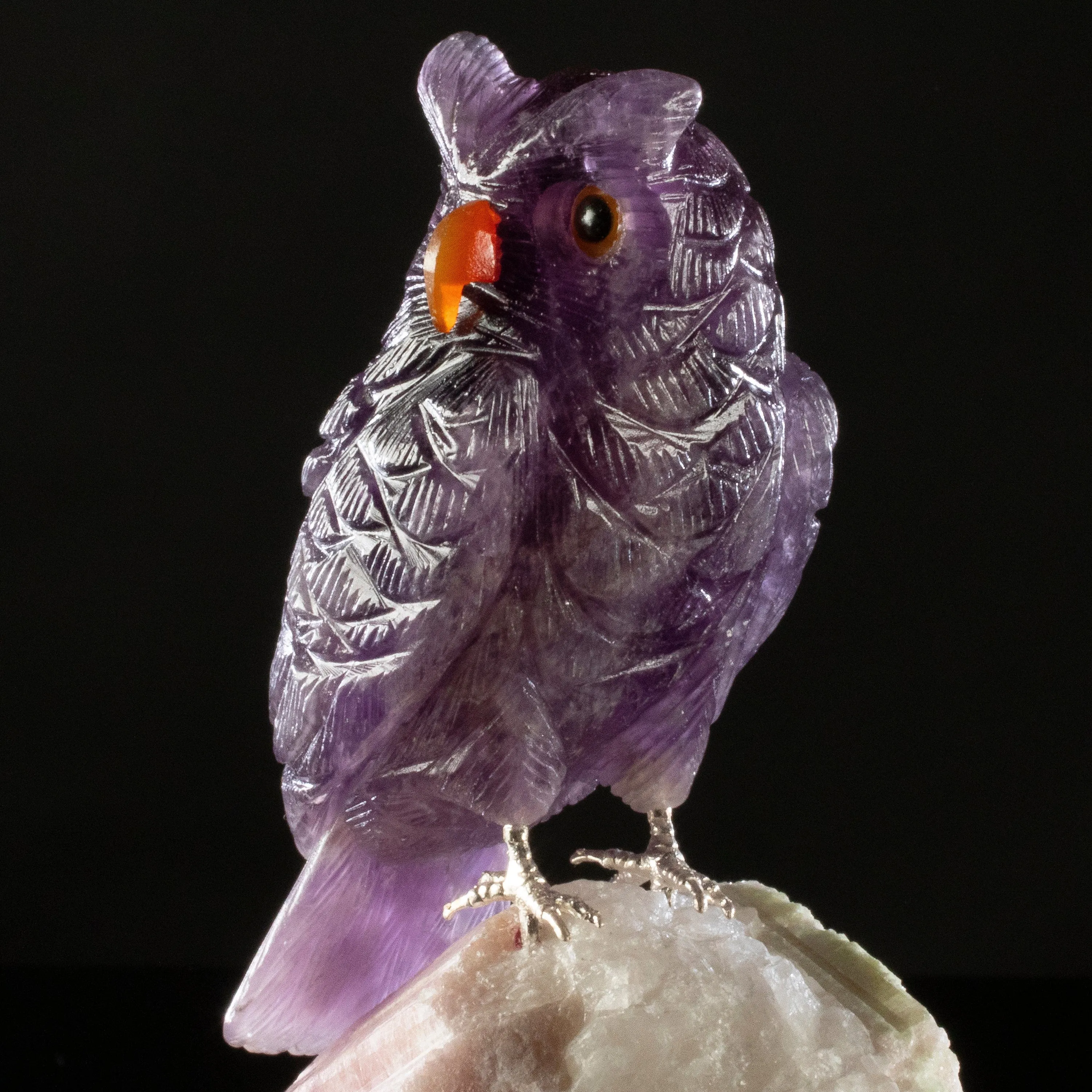 Peter Muller Amethyst Owl Love Bird Carving on Tourmaline Base