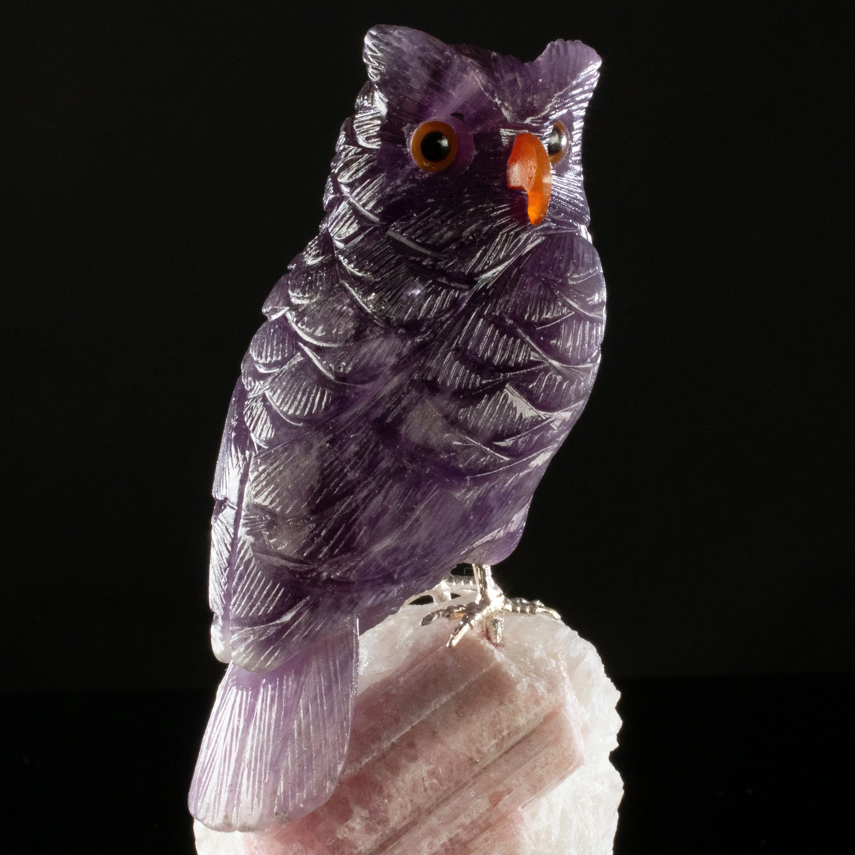 Peter Muller Amethyst Owl Love Bird Carving on Tourmaline Base