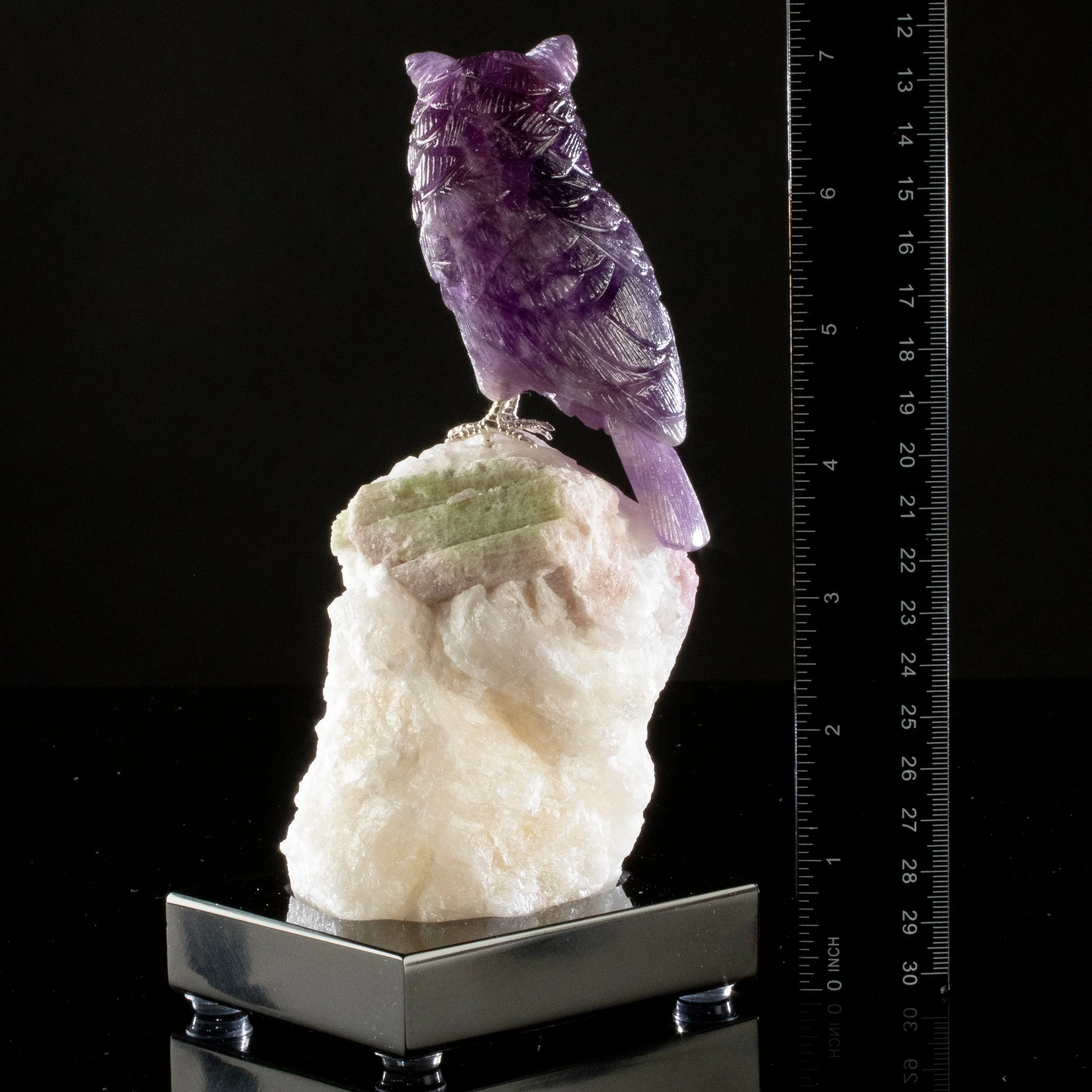 Peter Muller Amethyst Owl Love Bird Carving on Tourmaline Base