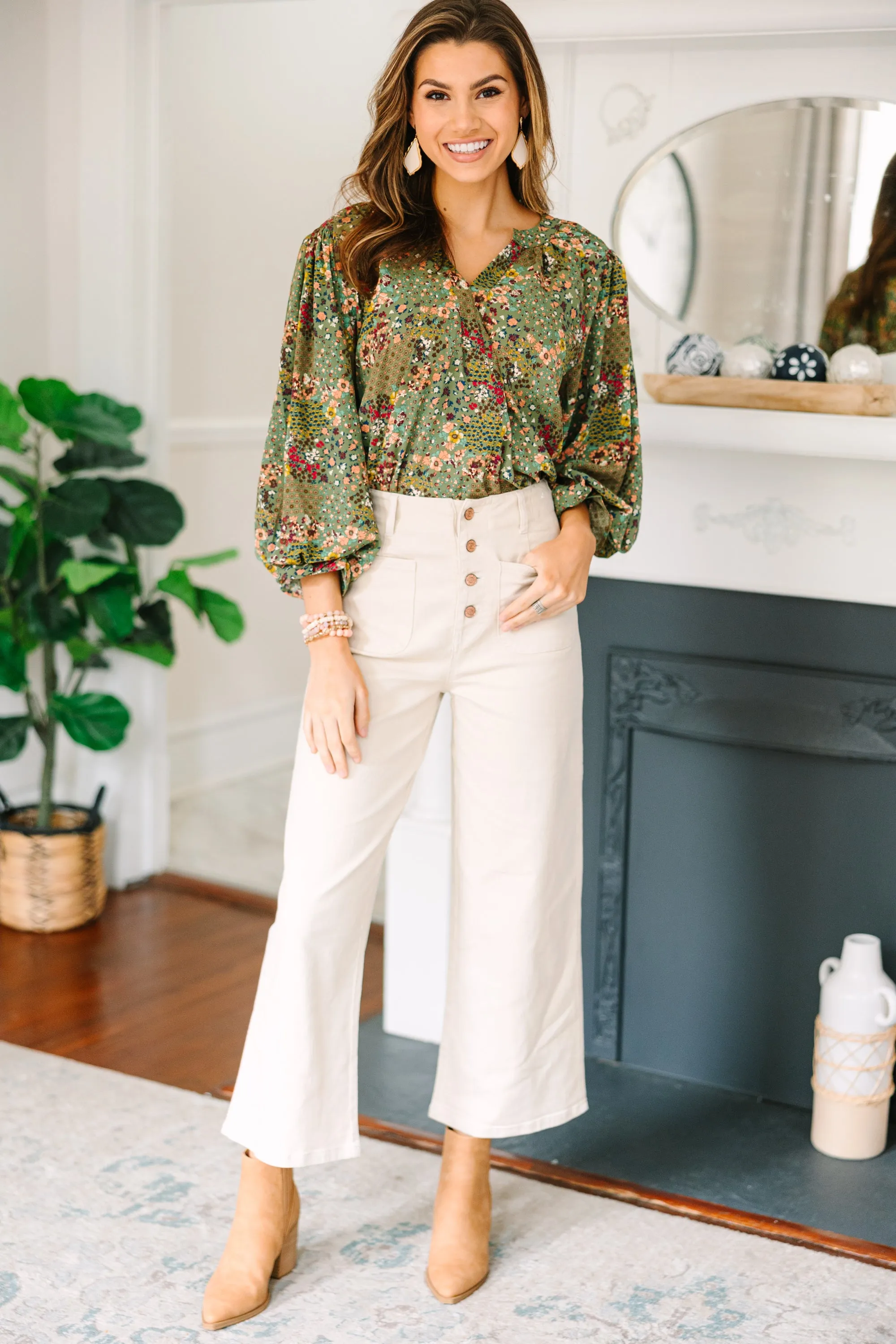 Places To Go Olive Green Ditsy Floral Blouse