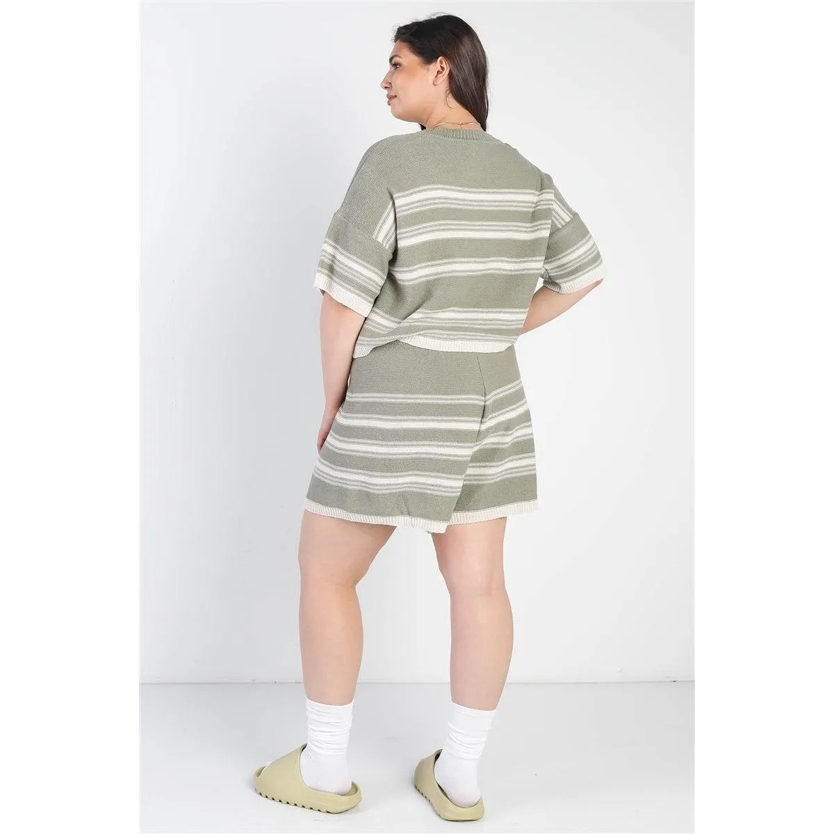 Plus Olive Striped Knit Short Sleeve Crop Top High Waist Shorts Set