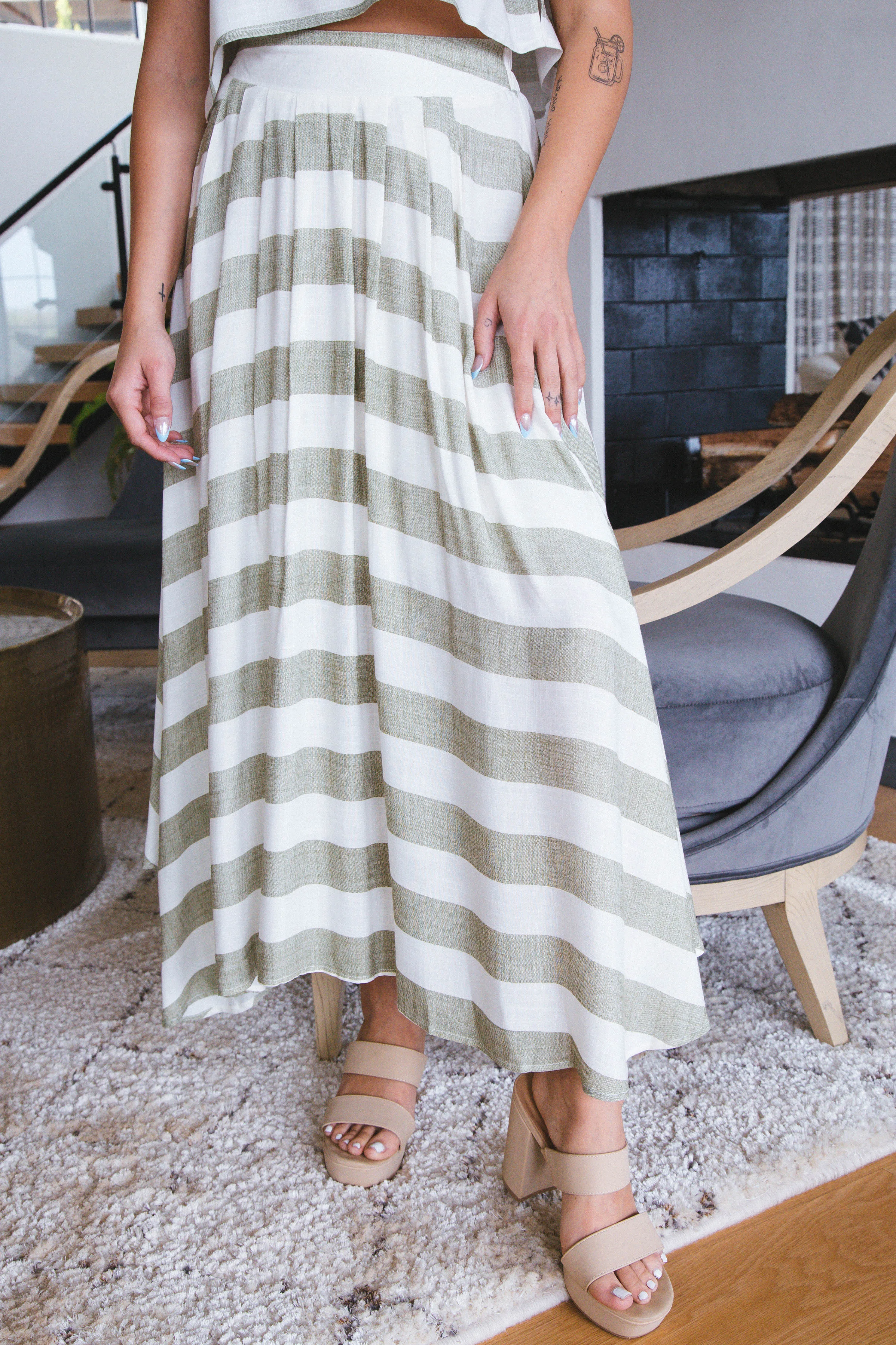 Taylor Striped Midi Skirt, Olive Multi