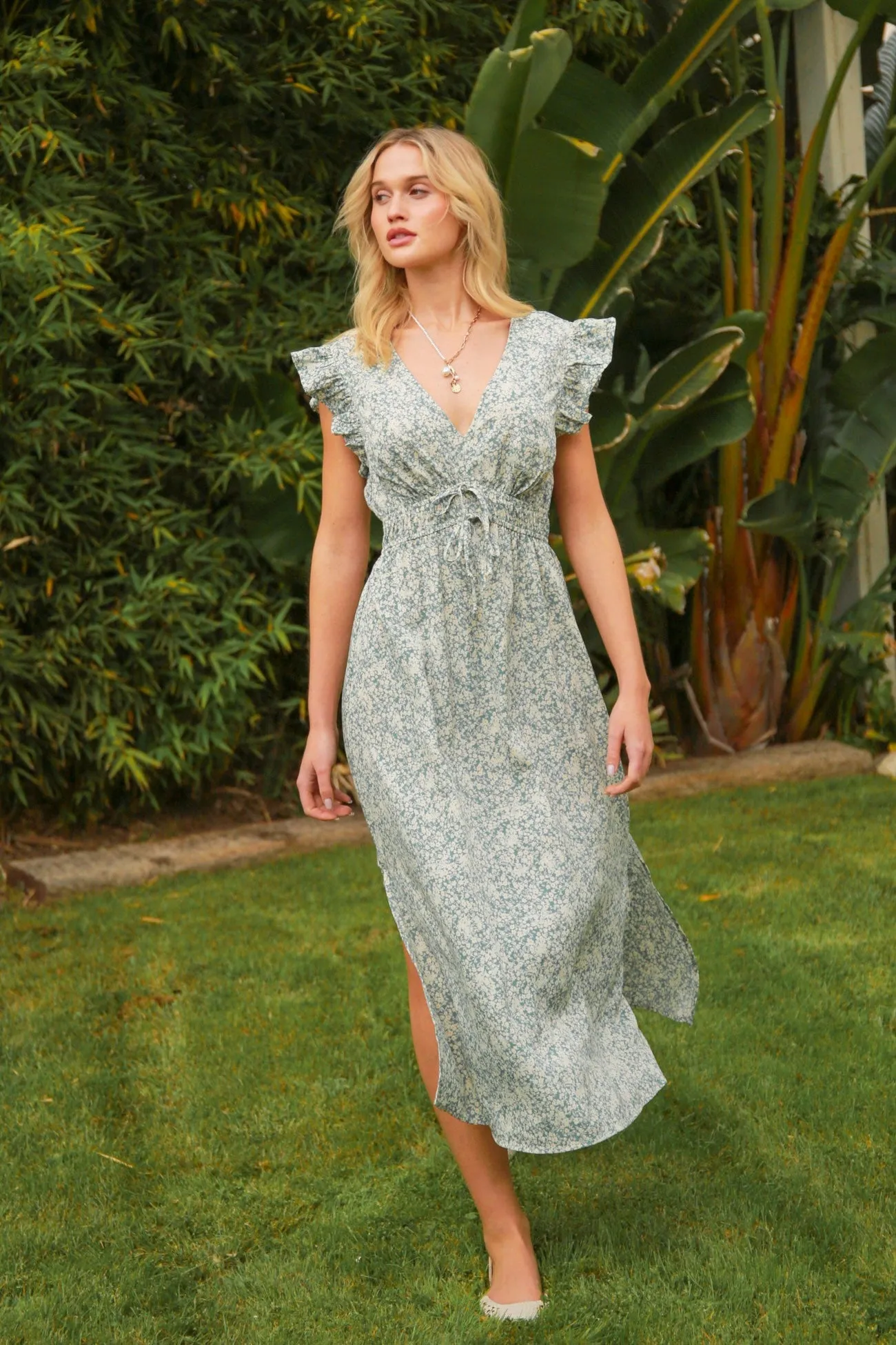 The Arnetta Floral Dress in Dusty Blue