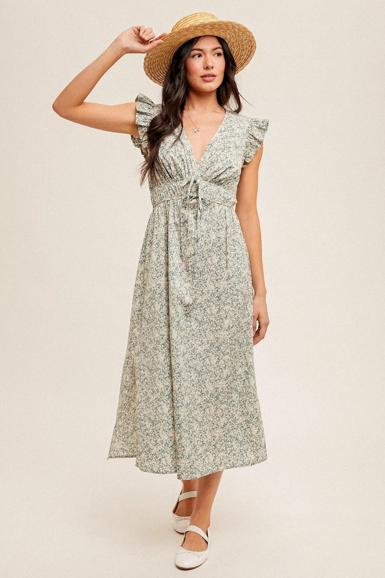 The Arnetta Floral Dress in Dusty Blue