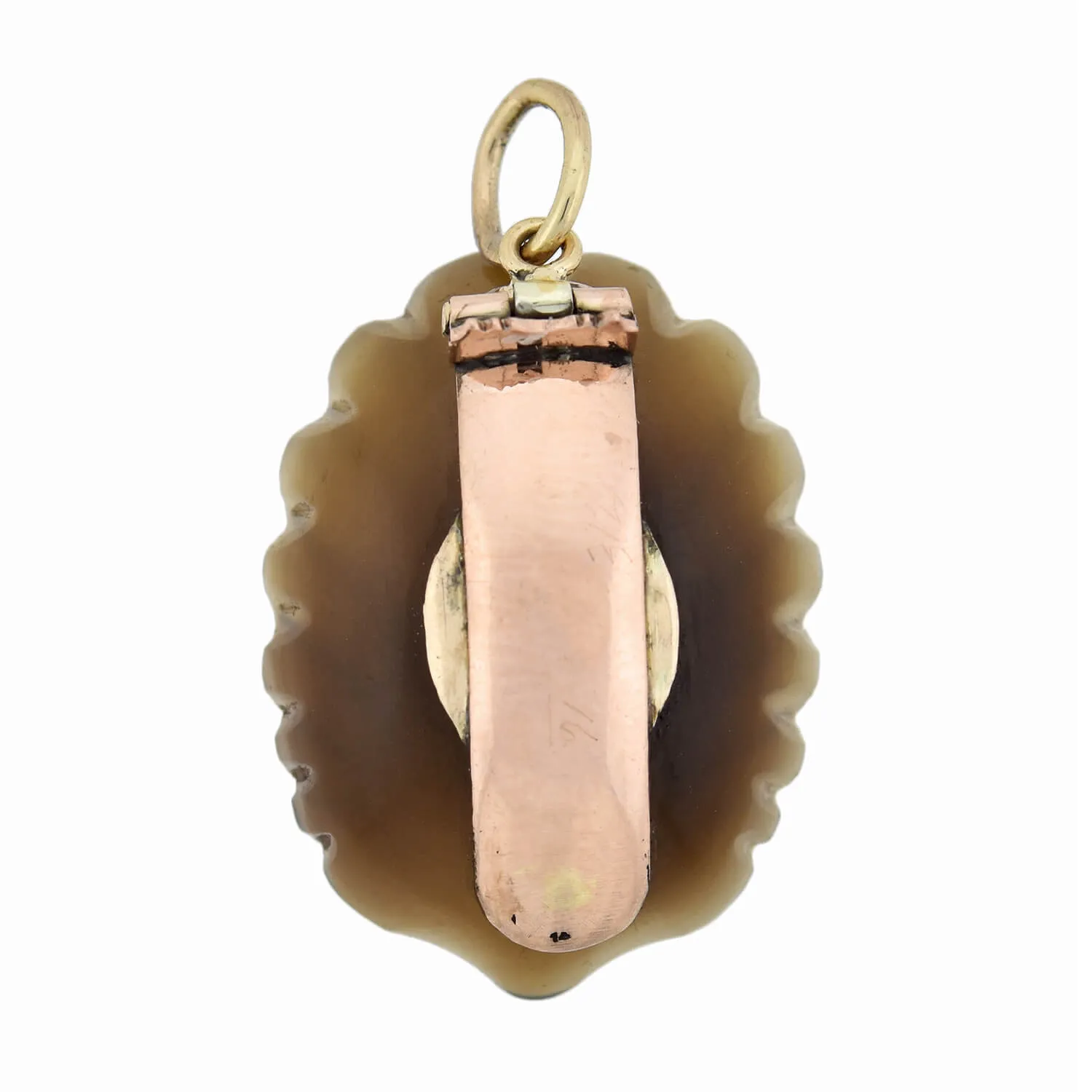 Victorian 14kt Carved Agate   Diamond Seashell Pendant