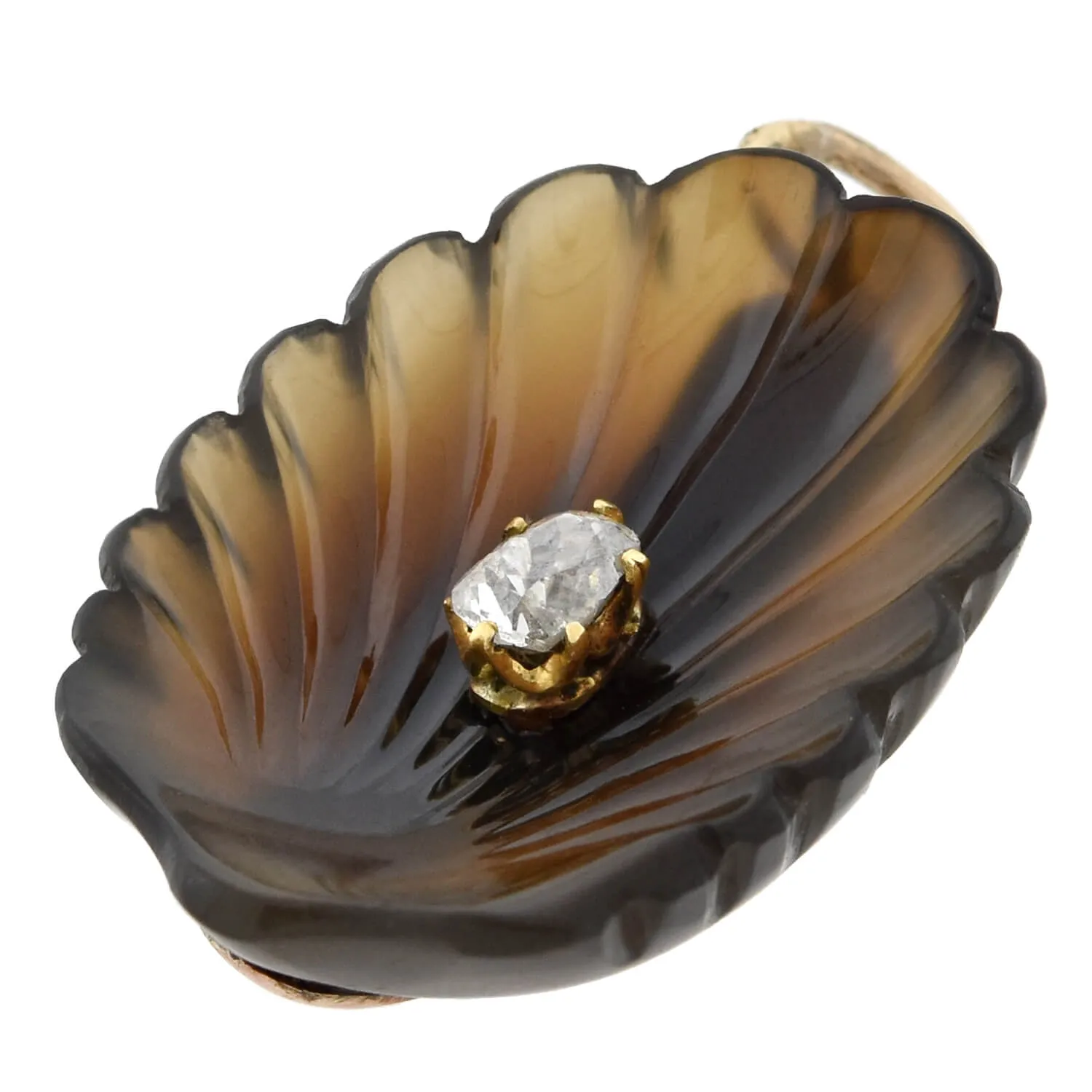 Victorian 14kt Carved Agate   Diamond Seashell Pendant