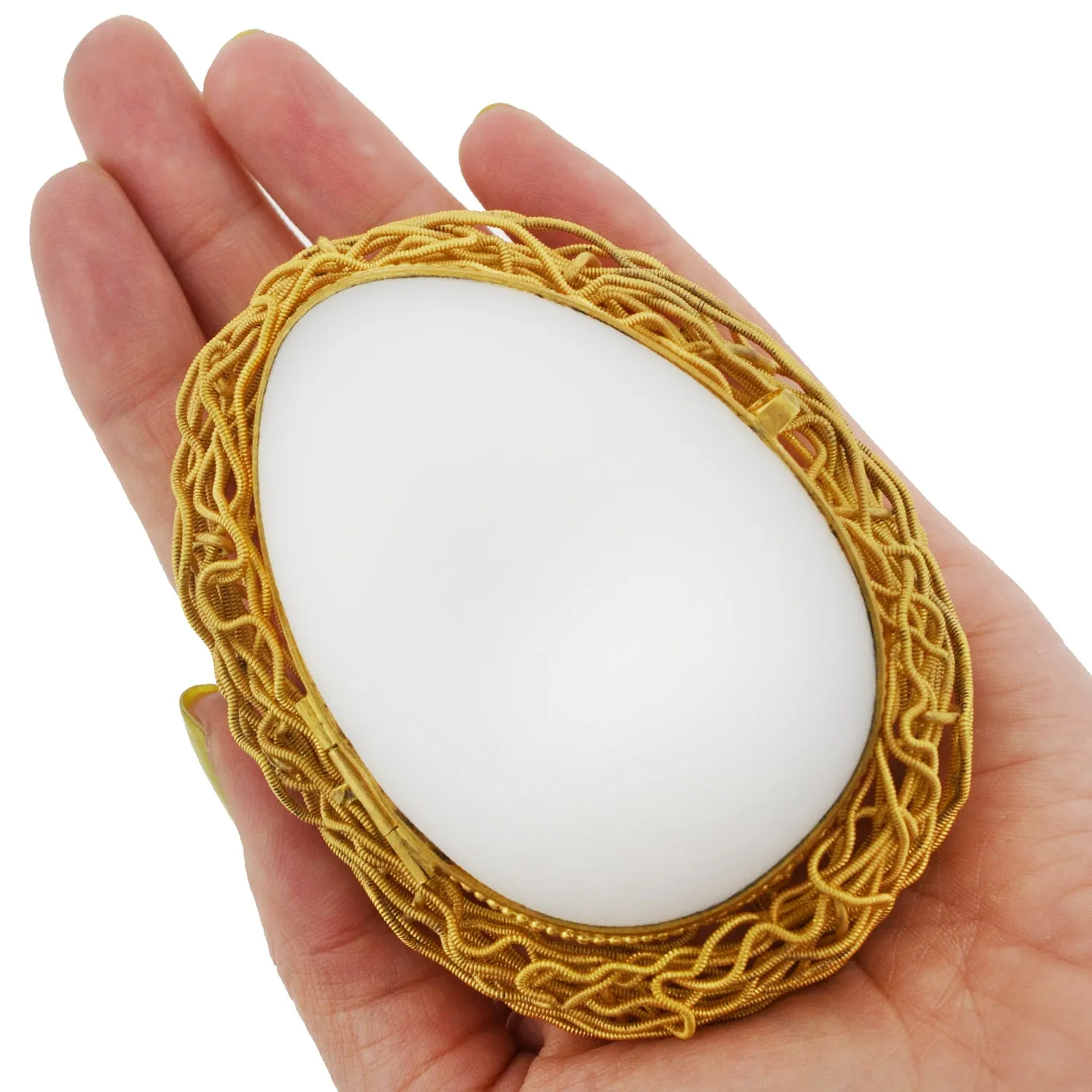 Victorian French Brass Gilt   White Satin Opaline Glass "Egg in Nest" Box