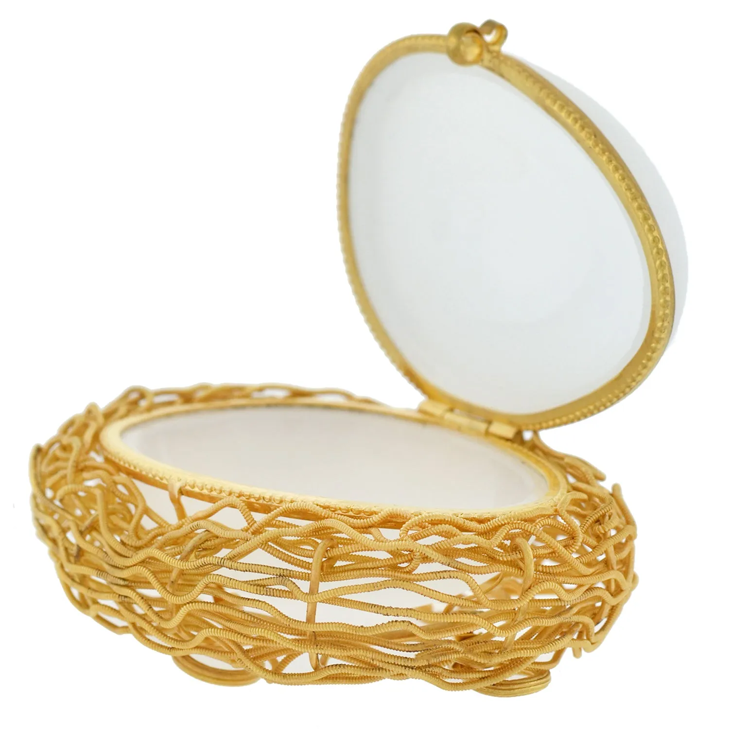 Victorian French Brass Gilt   White Satin Opaline Glass "Egg in Nest" Box