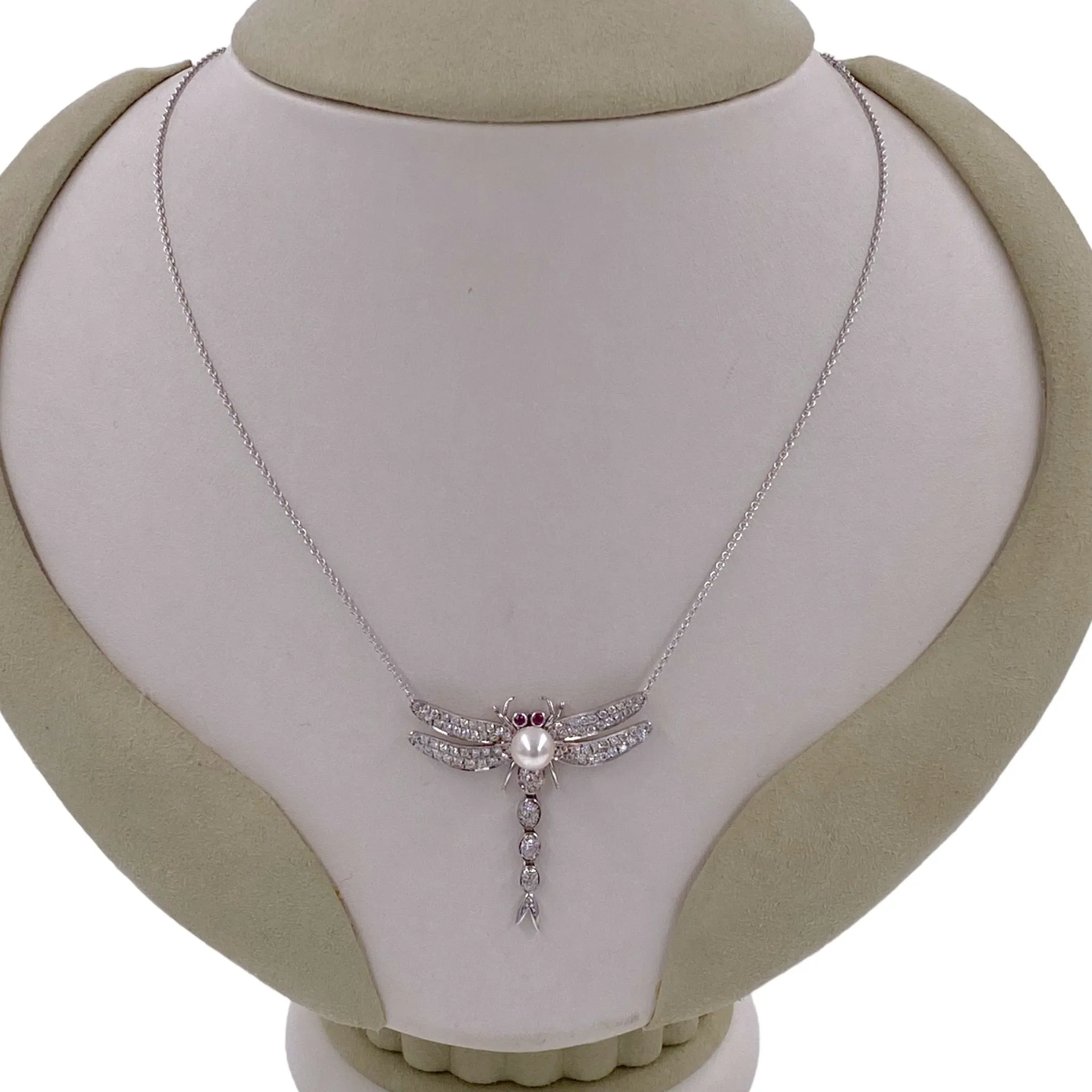 Vintage 14K White Gold Diamond Ruby & Pearl Dragonfly Necklace