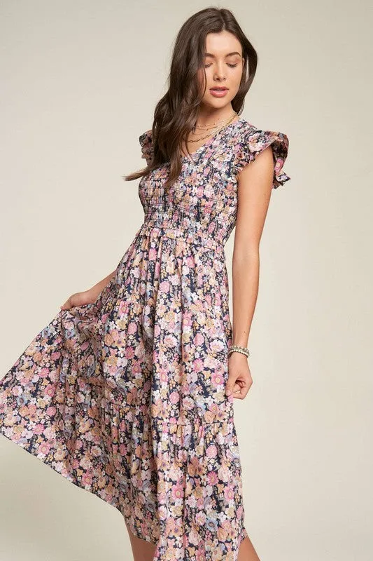 Vintage Garden Floral Midi Dress