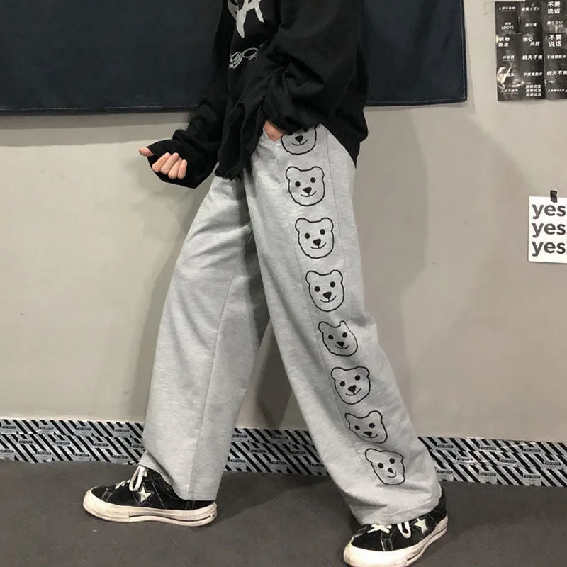 Wide-Leg Pants With Bear Pattern On Side