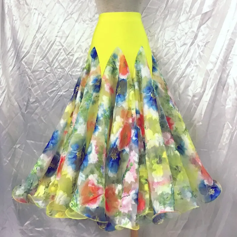 Yellow Ballroom Practice Skirt with Blue Floral Pattern PRA 592