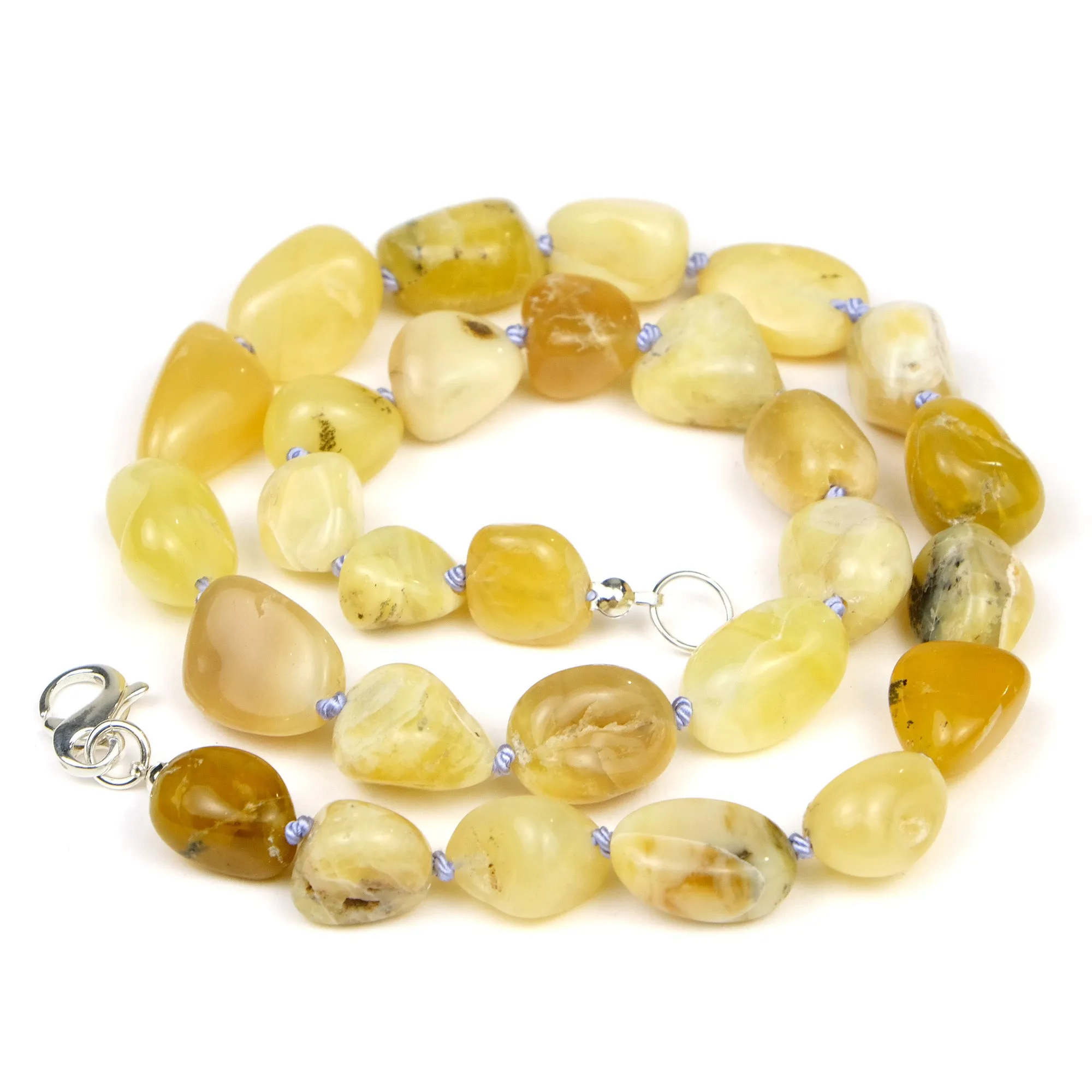 Yellow Opal Nugget Knotted Necklace with Sterling Silver Fancy Lobster Clasp