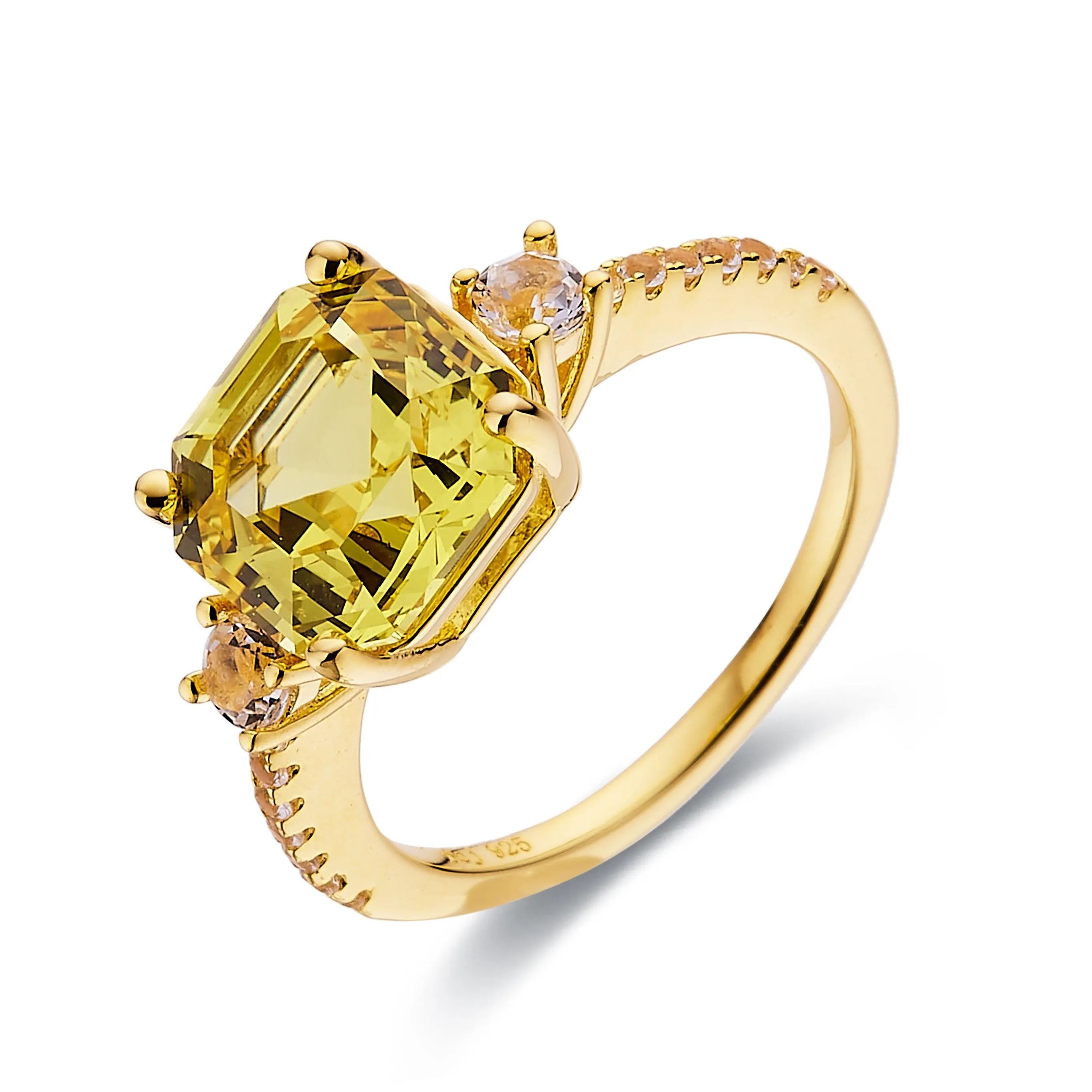 Yellow Sapphire Asscher Cut Three Stone Ring