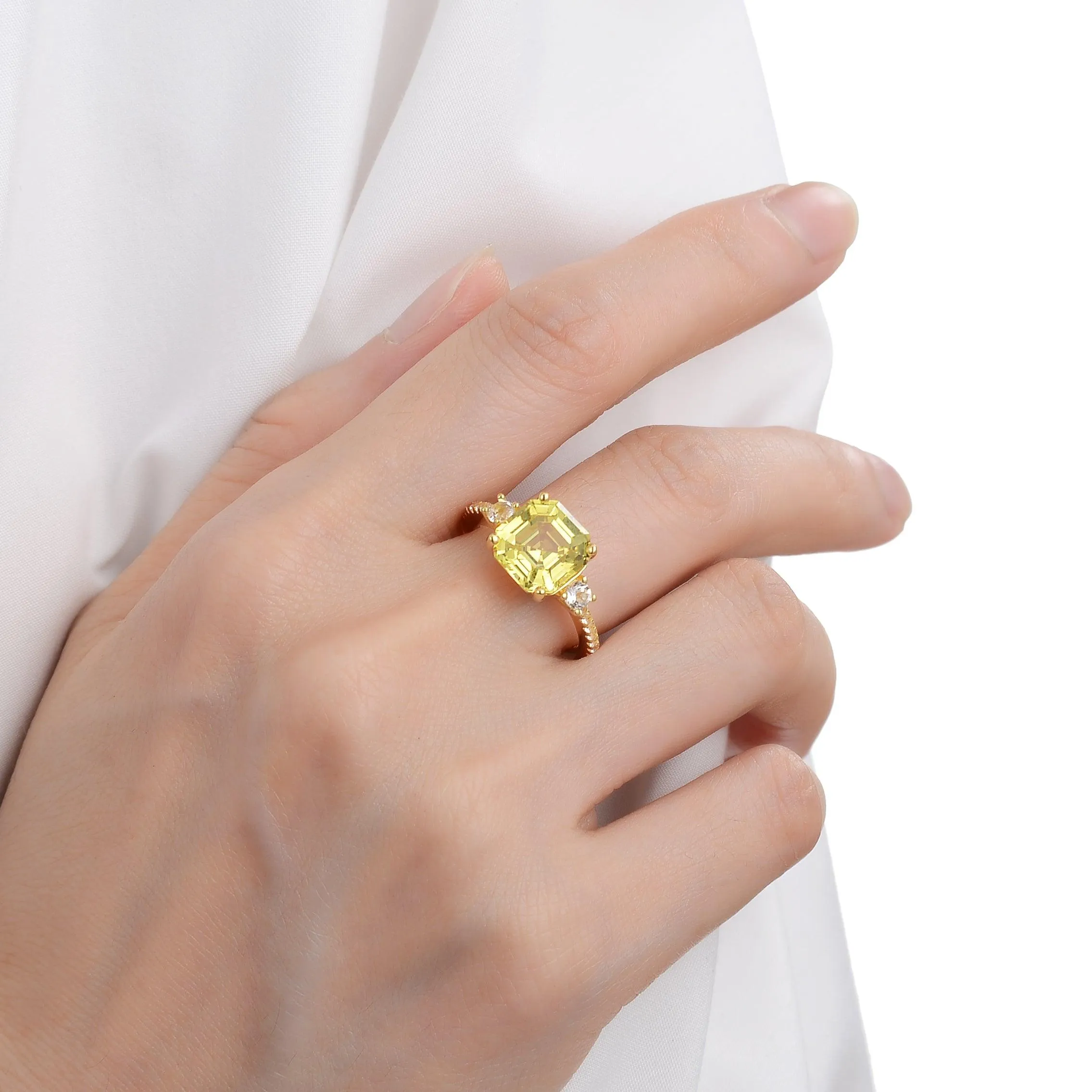 Yellow Sapphire Asscher Cut Three Stone Ring