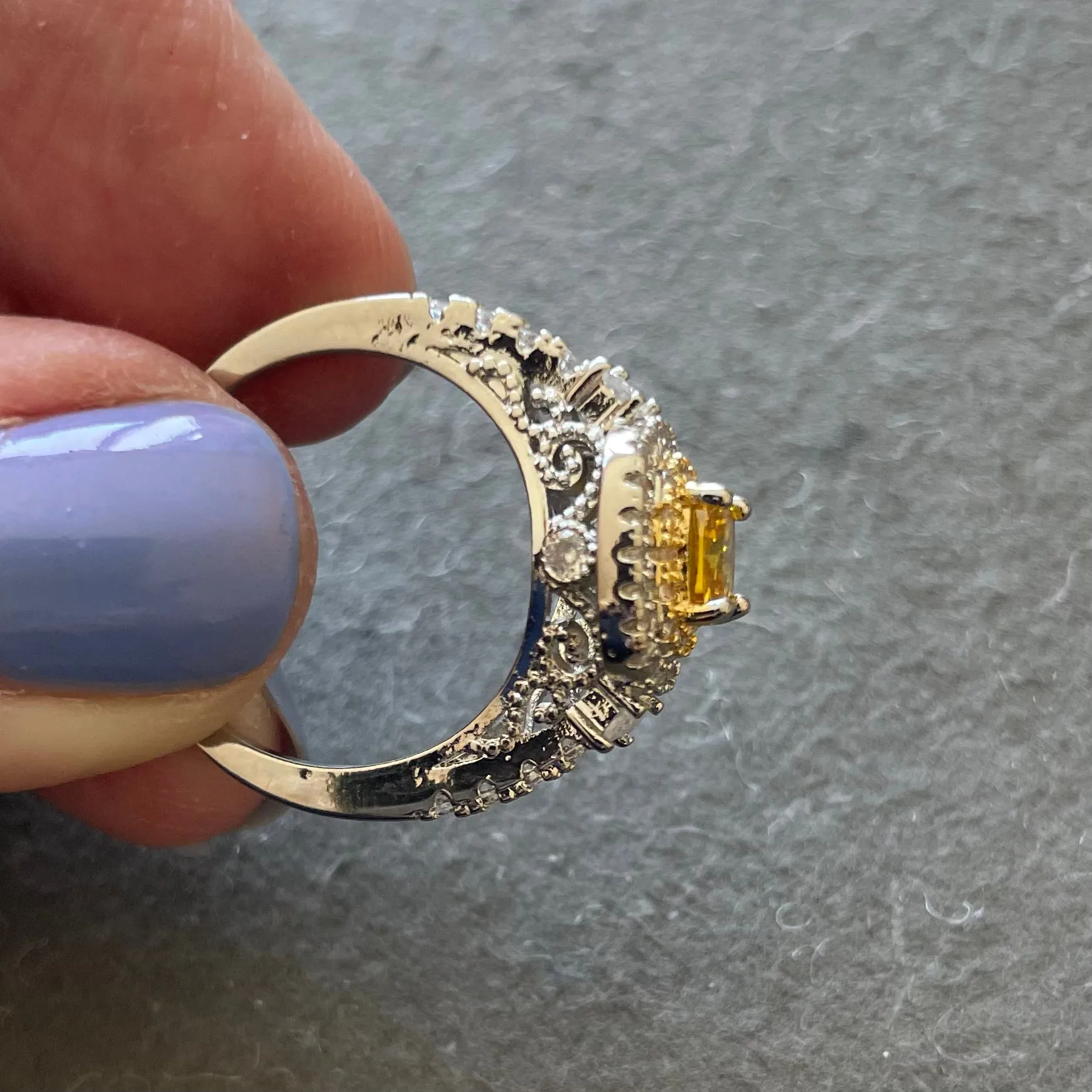 Yellow Topaz Look Filigree Elegant Cocktail Ring, Size 8